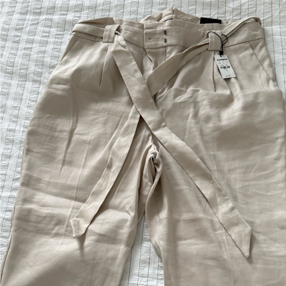 Express Linen Sand-Toned Paper-Waist Pants